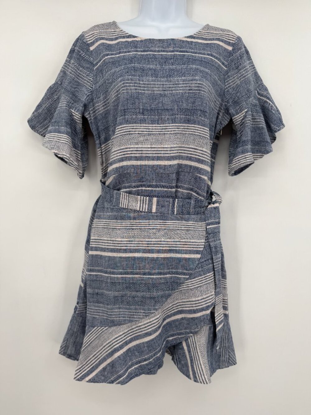 Express Women’s Size S Blue Striped Linen Blend Wrap Mini Dress - Picture 1 of 13